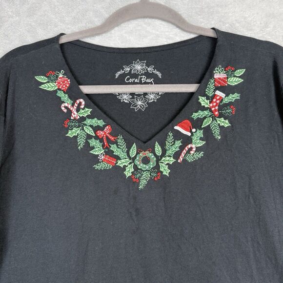 Coral Bay Christmas Shirt Womens XL Black Embroidered 3/4 Sleeve Holiday Casual - Picture 2 of 10
